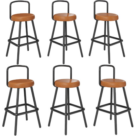 Lot de 6 tabourets de bar, avec dossier ergonomique et repose-pieds, marron, en PU et métal