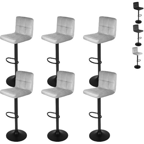 Lot de 6 tabourets de bar avec structure en métal, surface en velours, repose-pieds, hauteur réglable, montage facile, vintage, gris clair