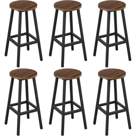 Lot de 6 Tabourets de Bar Klihome - Siège Rond en Bois d'Ingénierie - Structure Métallique - Tabouret Fixe Haut - Chaise Haute Cuisine - Repose-Pieds - Chêne foncé