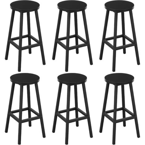Lot de 6 Tabourets de Bar Klihome - Siège Rond en Bois d'Ingénierie - Structure Métallique - Tabouret Fixe Haut - Chaise Haute Cuisine - Repose-Pieds - Noir