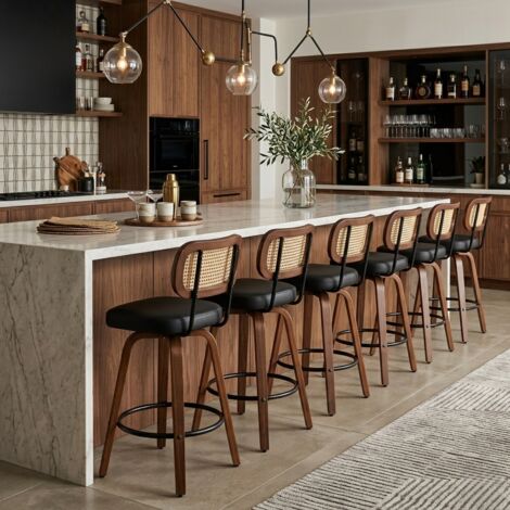 Lot de 6 Tabourets de Bar Pivotants en Rotin - Assise Rembourrée et Finition Noyer - Look Scandinave pour Îlot - Noir