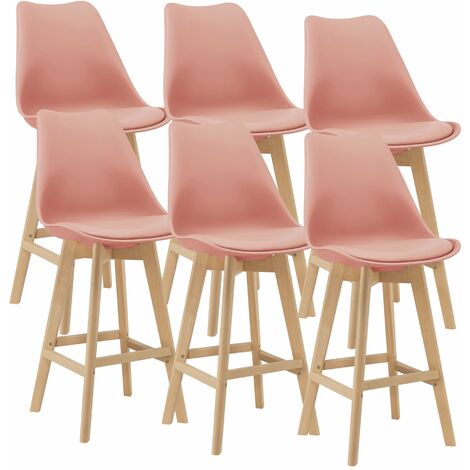 Lot de 6 tabourets de bar plastique synthétique hêtre 105x48x58 cm rose