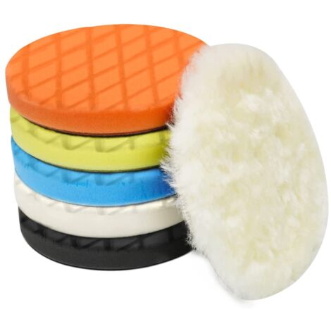 Lot de 6 tampons de polissage de 5.6 pouces de 140 mm pour plaque arrière de 5 pouces - Éponge et tampons de laine - Kit de polissage pour tampon de voiture - Polisseur, polissage et cire