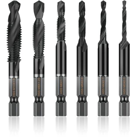 Lot de 6 tarauds combinés avec forets M3 x 0,5 M4 x 0,7 M5 x 0,8 M6 x 1,0 M8 x 1,25 M10 x 1,5, tarauds en acier haute vitesse, revêtement en titane, tige hexagonale de 6 mm pour métal et bois