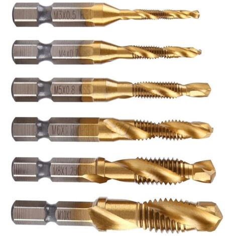 Lot de 6 Tarauds filetés et filières ou filetage métrique M3-M10 avec revêtement en titane HSS et tarauds 1/4", tige hexagonale cannelée, filetage de vis, utilisation pour tarauder différents