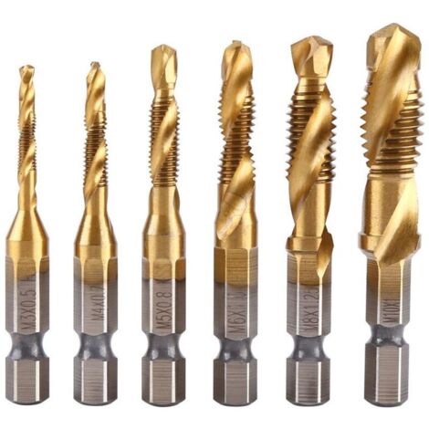 Lot de 6 tarauds filetés, filetage métrique M3-M10 avec revêtement en titane HSS et embouts de taraudage 1/4" queue hexagonale cannelée pour tarauder différents fils.