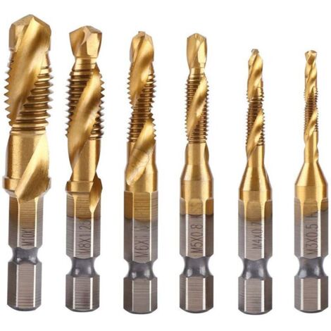 Lot de 6 Tarauds Filetés, Foret Taraud Filetage Métrique M3-M10 avec Revêtement en Titane HSS et Embouts de Taraudage 1/4" Queue Hexagonale Cannelée