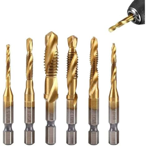 Lot de 6 Tarauds Filetés, Foret Taraud Filetage Métrique M3-M10 avec Revêtement en Titane HSS et Embouts de Taraudage 1/4" Queue Hexagonale Cannelée pour Tarauder Différents Fils