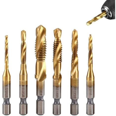 Lot de 6 Tarauds Filetés, Foret Taraud Filetage Métrique M3-M10 avec Revêtement en Titane HSS et Embouts de Taraudage 1/4" Queue Hexagonale Cannelée pour Tarauder Différents Fils