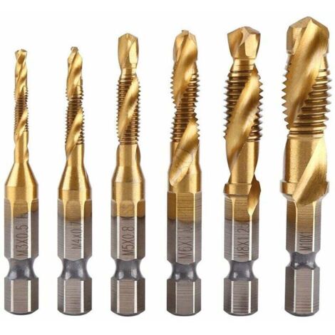 Lot de 6 tarauds filetés, foret taraud, filetage métrique M3-M10 avec revêtement en titane HSS et embouts de taraudage 1/4" queue hexagonale cannelée pour tarauder différents fils.
