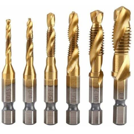 Lot de 6 tarauds filetés, foret taraud, filetage métrique M3-M10 avec revêtement en titane HSS et embouts de taraudage 1/4" queue hexagonale cannelée pour tarauder différents fils.