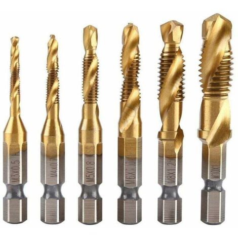 Lot de 6 Tarauds Filetés Métriques M3 à M10 Revêtement Titane HSS Queue Hexagonale 1/4 pour Filetage