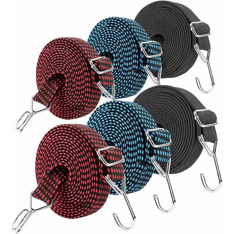 Tigrezy - Lot de 6 tendeurs réglables 2 m avec crochet (noir + bleu + rouge)