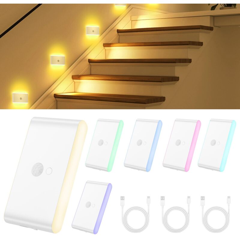 Lot De 6 Veilleuse Détecteur De Mouvement, RGB Lumiere Détecteur LED Intelligente Recharg eable, 3 Modes (AUTO/OFF/ON), Lampe D'Escalier, Veilleuse