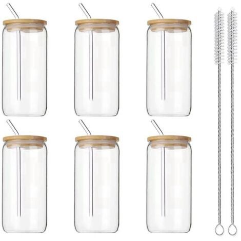 Lot de 6 verres de 47 cl avec couvercles et pailles. Verres transparents pour café, bière, thé, vin. Ustensiles résistants.