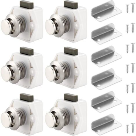 Lot de 6 verrous à bouton-poussoir pour placard, tiroir, placard, porte, caravane, camping-car, bateau, blanc