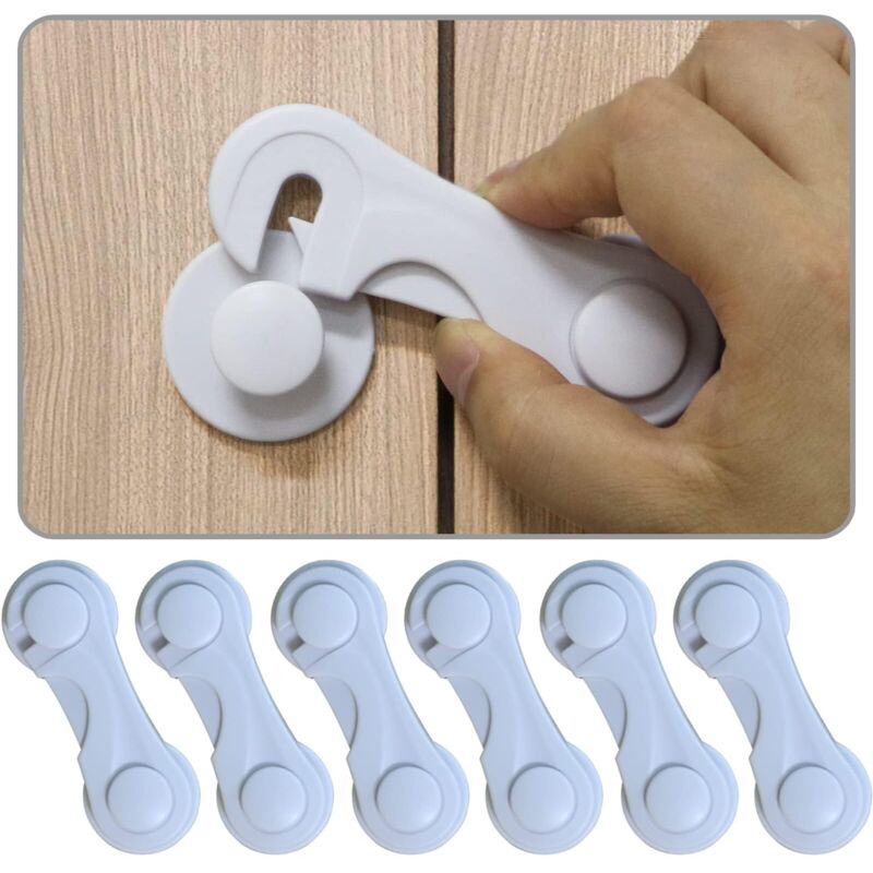 Lot de 6 verrous d'armoire de sécurité pour enfants, tiroirs, verrous d'armoire et de tiroir, ruban adhésif puissant, sans perçage, durable, blanc,