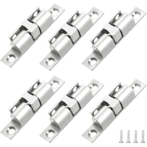 Lot de 6 verrous de porte à double rouleau en laiton avec vis pour porte de meuble, serrure de porte d'armoire (argent)