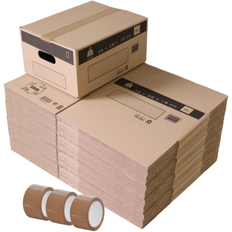 Lot de 60 cartons déménagement pour livres avec poignées - 18L, charge max 5kg - made in France + 3 adhésifs offerts
