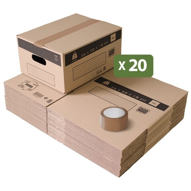 Lot de 20 cartons déménagement pour livres avec poignées - 18L, charge max 5kg - made in France + 1 adhésif offert