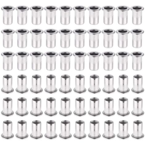 Lot de 60 écrous à sertir M6 en acier inoxydable 304 – Tête plate – Filetage interne profond pour bois dur – Résistants à la rouille