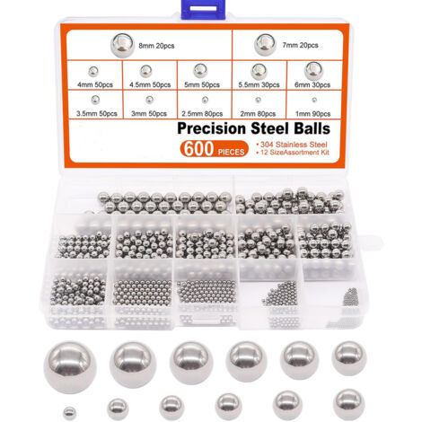 Lot de 600 billes de précision en acier inoxydable de 12 tailles 1 à 8 mm pour roulement de vélo Assortiment de billes de mélange 1 mm, 2 mm, 2,5 mm, 3 mm, 3,5 mm, 4 mm, 4,5 mm, 5 mm, 5,5 mm