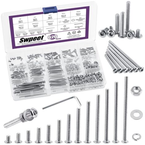 Lot de 620 - Boulon M3 - Écrou Hexagonal - Vis Acier Inoxydable 304 Avec Rondelles Plates Et Fendues Pour Bricolage Et Réparation Argent