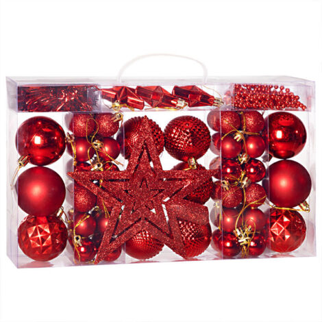 Lot de 66 boules de Noël Décorations pour sapin en plastique robuste Décoration de Noël intérieur extérieur Rouge