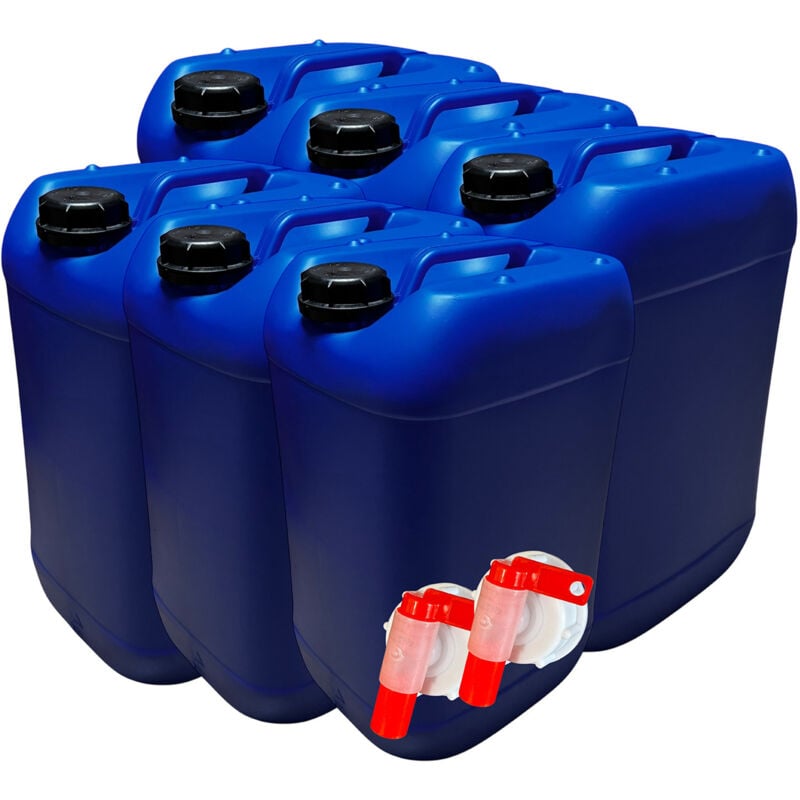 Negomix - Lot de 6x Bidon Jerrican Plastique 25 Litres Bleu + 2 Bouchons Verseurs