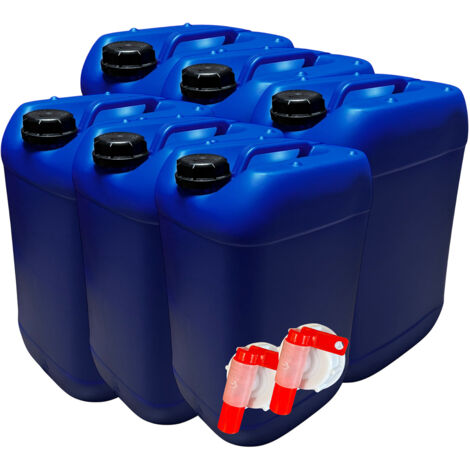 Lot de 6x Bidon Jerrican Plastique 25 Litres Bleu + 2 Bouchons Verseurs