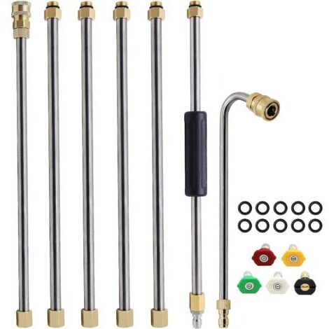 Lot de 7 baguettes d'extension pour nettoyeur haute pression – 5 embouts de buse – Longueur 38 cm – Pression jusqu'à 4000 PSI