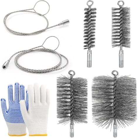 Lot de 7 brosses de cheminée (tailles 30/50/80/150 mm) avec deux fils (1 mètre et 2 mètres) et une paire de gants pour nettoyer les tuyaux de cheminée