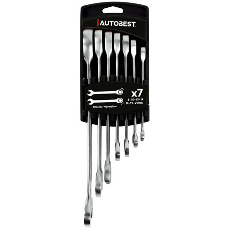 Autobest – Lot de 7 clés plates à cliquet – Longueur 102 mm – Hexagone de manœuvre – Composition chrome-vanadium – Pour accès zones étroites