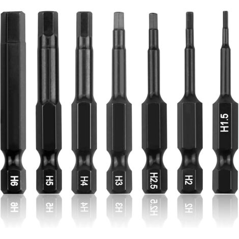 Lot de 7 Embouts Hexagonaux HEX 3023-5 mm x 50 mm, embouts de visseuse à percussion hexagonal, Outils de Qualité en Acier Allié Durci pour Vis à Six Pans Creux