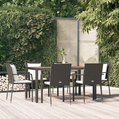 Lot de 7 Ensemble à dîner et coussins,Mobilier Table+Chaises de jardin Noir Résine tressée -47747