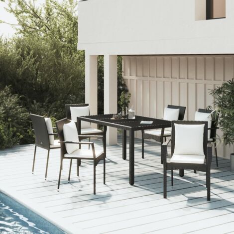Lot de 7 Ensemble à dîner et coussins,Mobilier Table+Chaises de jardin Noir Résine tressée -55647