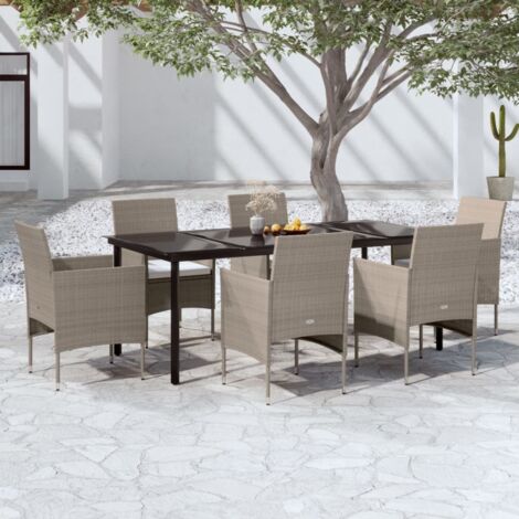 Lot de 7 Ensemble à manger de jardin avec coussins,Ensemble table et chaise,Mobilier de salle à manger Beige/noir HH52263