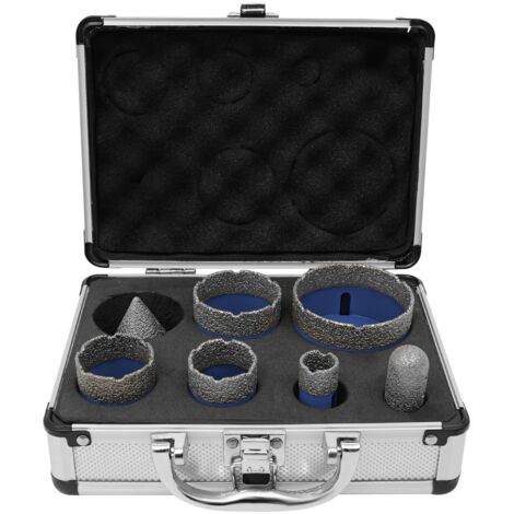 Lot de 7 forets diamantés pour carrelage (20/35/40/50/68 mm) et fraise diamantée à queue (20 mm) avec foret à chanfreiner (50 mm), bleu
