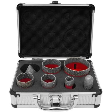 Lot de 7 forets diamantés pour carrelage (20/35/40/50/68 mm) et fraise diamantée à queue (20 mm) avec foret à chanfreiner (50 mm), rouge