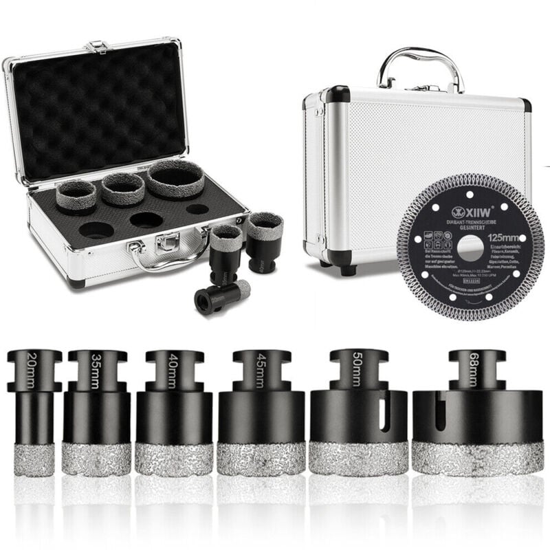 Xiiw - Lot de 7 forets diamantés pour carrelage M14 x 10 mm Couronne de forage 20-68 mm + disque à tronçonner 125 mm Pour meuleuse d'angle Scie