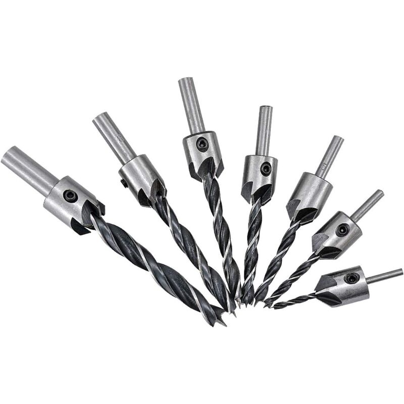 Lot de 7 Fraise conique forets avec forets HSS et acier 45 Chanfreine pour vis à mortaiser en menuiserie Project