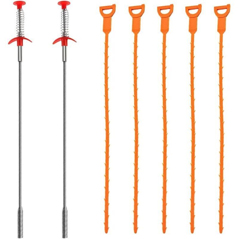 Lot de 7 Furet Déboucheurs, 20 Pouces / 60cm Nettoyeurs pour Drain Outils de Nettoyage de Cheveux, 2 en Acier Inoxydable et 5 en Plastique