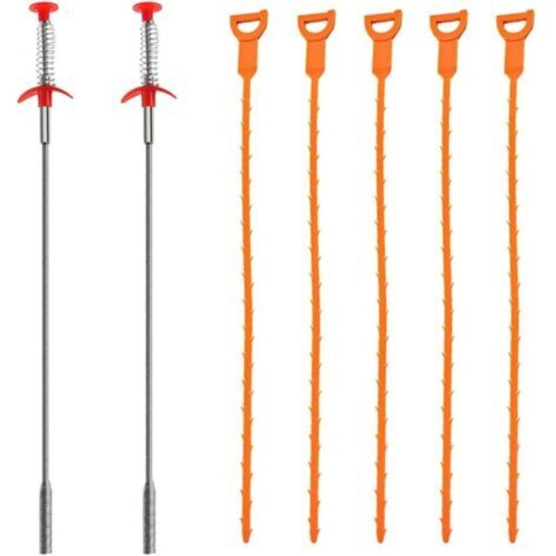 Lot de 7 Furet Déboucheurs, 20 Pouces / 60cm Nettoyeurs pour Drain Outils de Nettoyage de Cheveux, 2 en Acier Inoxydable et 5 en Plastique