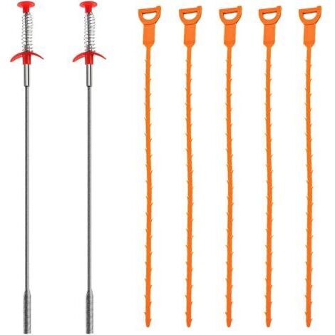 Lot de 7 Furet Déboucheurs, 20 Pouces / 60cm Nettoyeurs pour Drain Outils de Nettoyage de Cheveux, 2 en Acier Inoxydable et 5 en Plastique