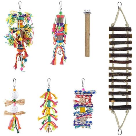 Lot de 7 jouets à mâcher pour perroquets, comprenant un perchoir en bois et une échelle pour perruches calopsittes.