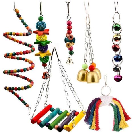 Lot de 7 jouets à mâcher pour perroquets, perchoir en forme d'échelle et balançoire, pour perruches ondulées.