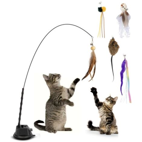 Lot de 7 jouets à plumes pour chat avec ventouse, tige flexible et recharges multiples, jouet interactif anti-ennui pour chat