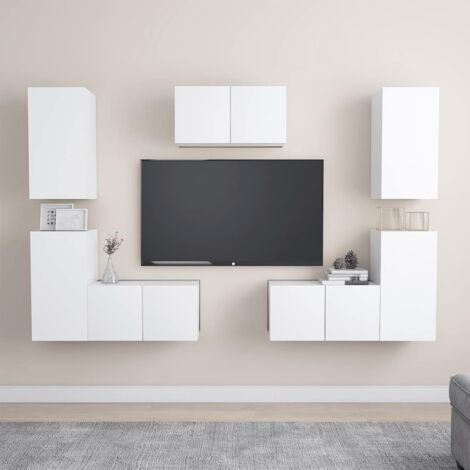 Lot de 7 Meubles TV - Armoire Télévision Moderne  Banc TV Blanc Aggloméré -FR83596