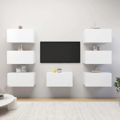 Lot de 7 Meubles TV Mondernes Banc TV de Salon Blanc 30,5x30x60 cm Aggloméré -FR35248