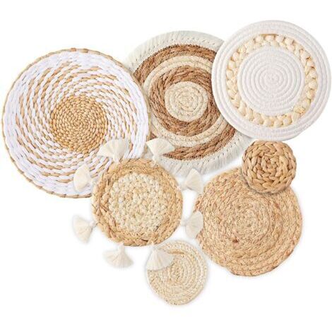 Lot de 7 paniers muraux bohèmes tissés à suspendre - Décoration murale en jonc de mer et rotin - Décoration murale ronde écologique pour ferme, chambre à coucher, salon, table de cuisine, maison
